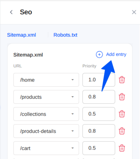 The Sitemap.xml table with the Add entry button highlighted