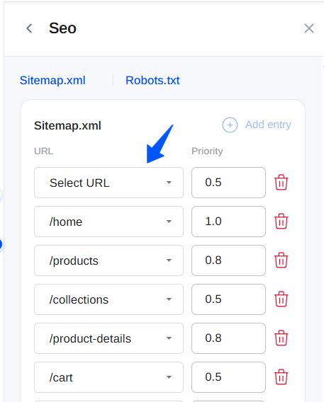 A new sitemap row with the Select URL dropdown and a Priority field