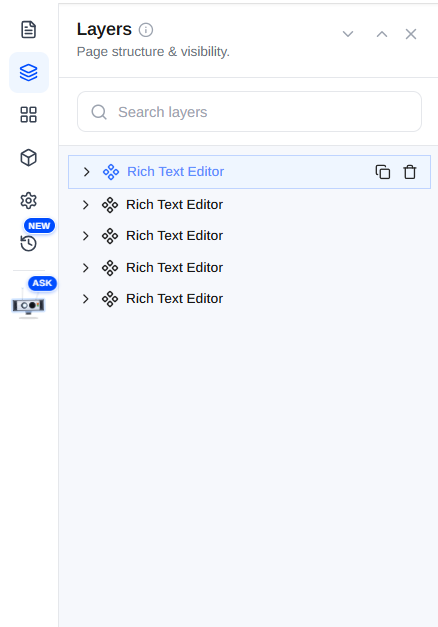 The Layers panel with the expand-all and collapse-all buttons and per-layer duplicate and delete icons