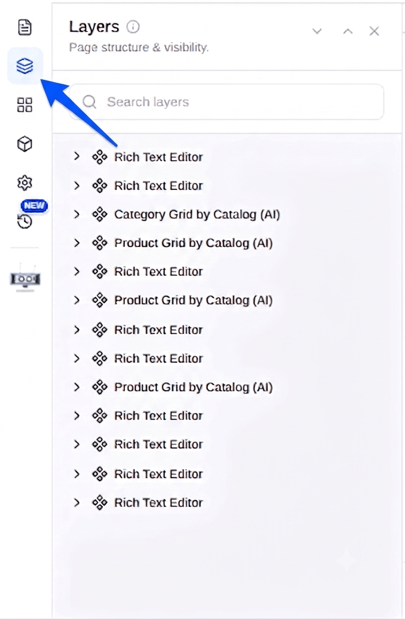 The Layers panel showing page structure and visibility with a searchable tree of elements