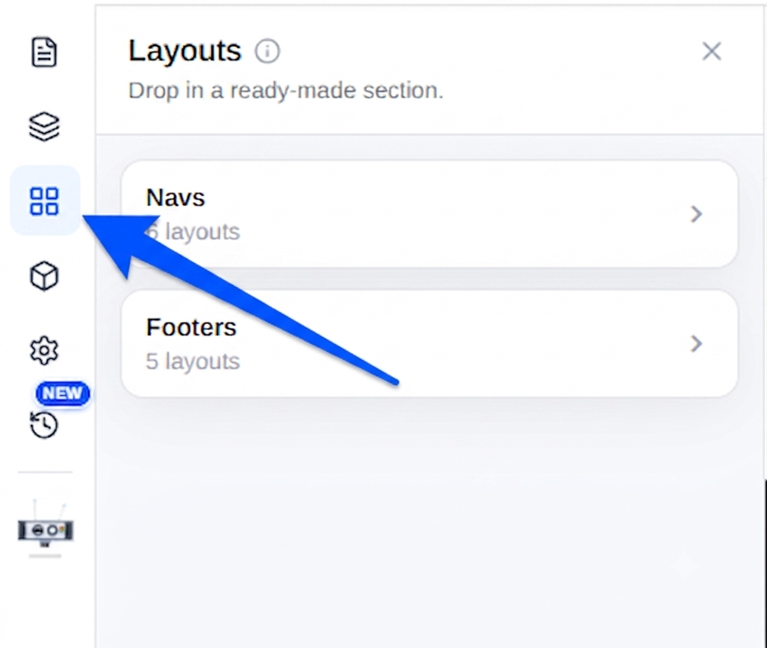 The Layouts panel with the Navs and Footers groups