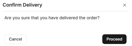 The Confirm Delivery window asking to confirm the order was delivered