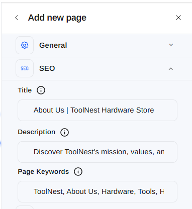 The SEO section with Title, Description, and Page Keywords fields