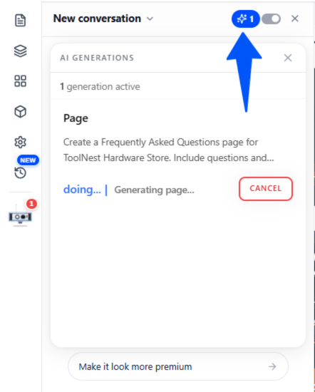 The AI Buddy tracker showing the progress of the page being generated