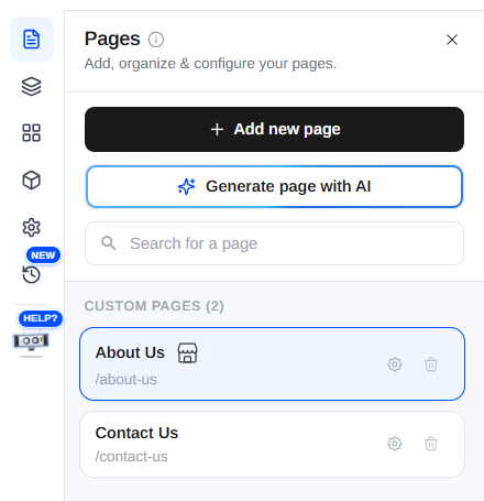 The newly created About Us page listed under Custom Pages