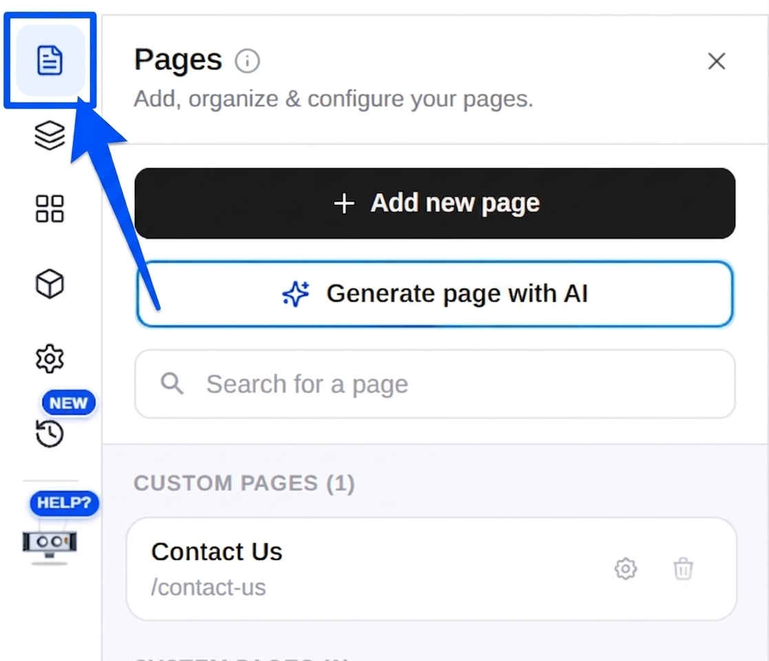 The Pages panel with Add new page and Generate page with AI buttons
